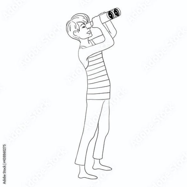 Fototapeta Guy looking into the distance through binoculars. Linear illustration on isolated white background.