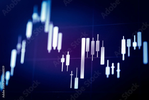 Fototapeta Stock market data on digital LED display. A daily market price and quotation of prices chart and candle stick tracking for Forex trading. Financial data on the digital screen as concept.