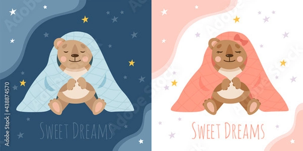 Fototapeta Two scenes with sleeping teddy bear in a blanket. Boy and girl bears. Cute animals for nursery. Vector flat illustration for children.