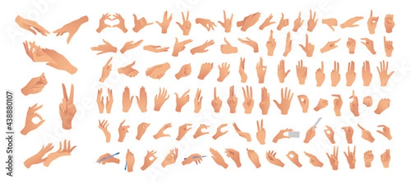 Obraz Gesturing. Set of hands in different gestures. Female hands in various situations. Hand showing signal or sign collection, on white background isolated. Wrist. ​vector illustration	