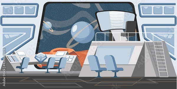 Fototapeta Launch control center vector flat illustration. Space exploring and colonization mission concept. Scientific and discovery center. Planet surface, space with Saturn, planets, stars, and satellites.