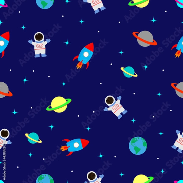 Fototapeta flat space seamless pattern background. Cute colored template with astronaut, spaceship, rocket, vector illustration