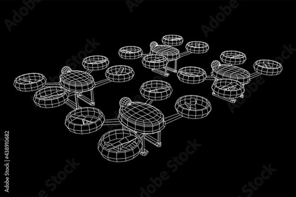 Fototapeta Drone flying with action video camera. Wireframe low poly mesh vector illustration