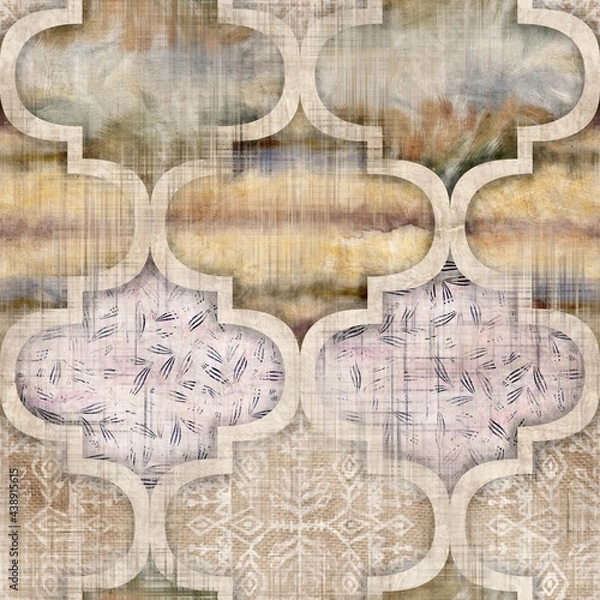 Fototapeta Seamless Moroccan inspired highly textured pattern for surface print. High quality illustration. Stylized chic ornate ogee or quatrefoil pattern. Luxury ornamental oriental symmetric shape repeat.