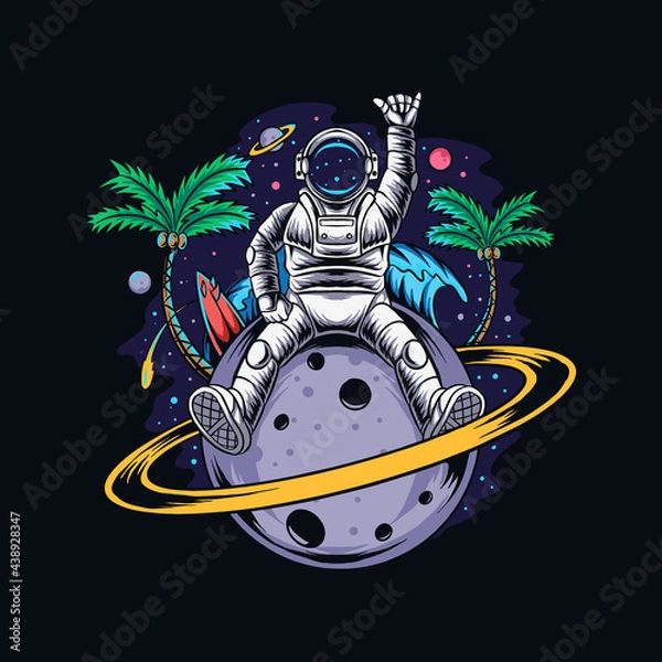 Fototapeta astronaut sitting on planet saturn containing coconut trees and summer beach in outer space