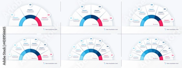 Fototapeta Vector round infographic chart templates in the form of semicircle. 3 4 5 6 7 8 options