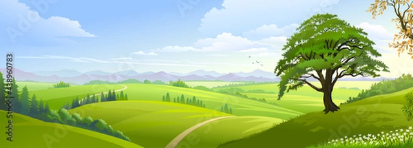 Fototapeta View of the mystical meadows meeting the magnificent mountains.