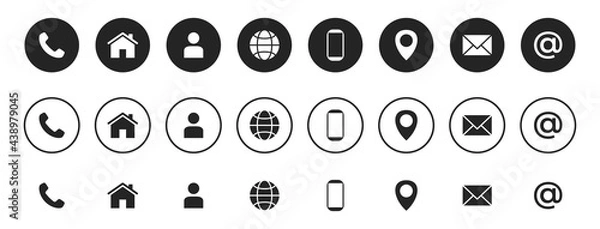 Fototapeta Business card contact information icons. Set of location and contacts flat vector symbols. Black circle white icon and simple black variation