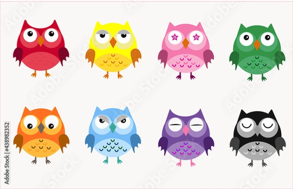 Obraz Eight colorful owls on a white background,