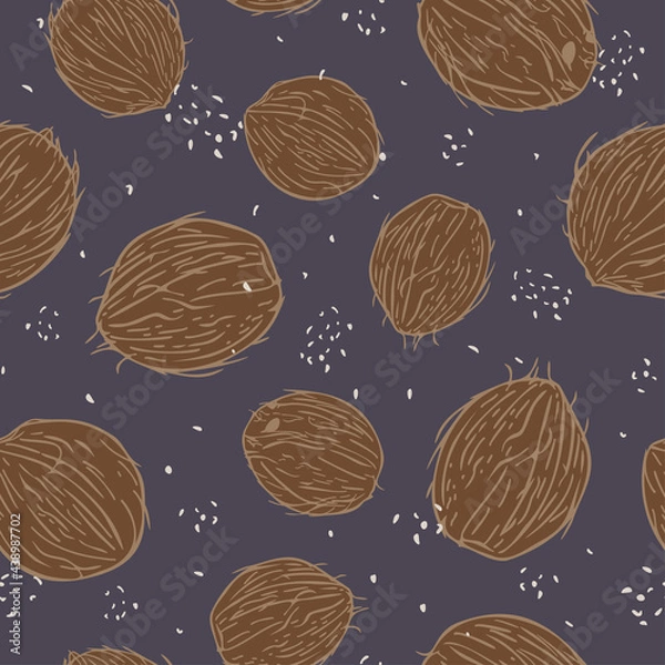 Obraz Vector seamless pattern with coconuts and shredded coconut. Design on dark background.