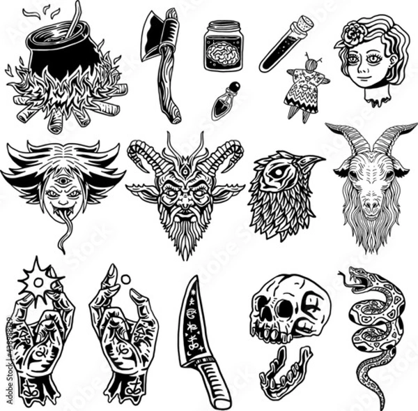 Fototapeta Witchcraft vector icon illustration element, knife, snake, demon, doll head, witch, axe, potions, poison, voodoo, chicken, skull, hands, rituals.