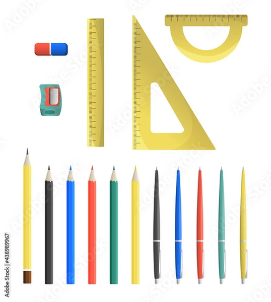Obraz Set of school stationary: pencil sharpener, pencils, pens, triangle, ruler, protractor, eraser  isolated on white background