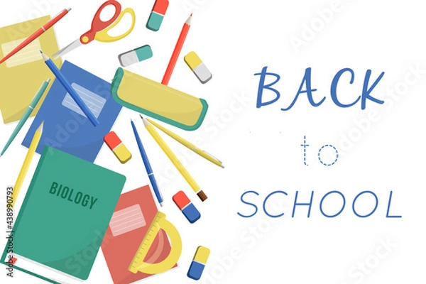 Fototapeta Back to school! Color vector illustrations for a poster, banner or card with objects: stationery, books, pen, ruler, globe, eraser. Concept for 1 September 