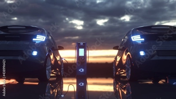 Obraz Electric cars charging at a charging station. 3d rendering