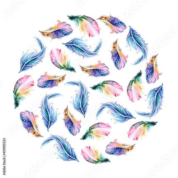 Fototapeta Wreath of feathers painted with watercolors on white background.
Wedding decorative wreath of colored feathers. Colorful art prints. Boho style design for Digital Paper, invitation, textile, Clothes