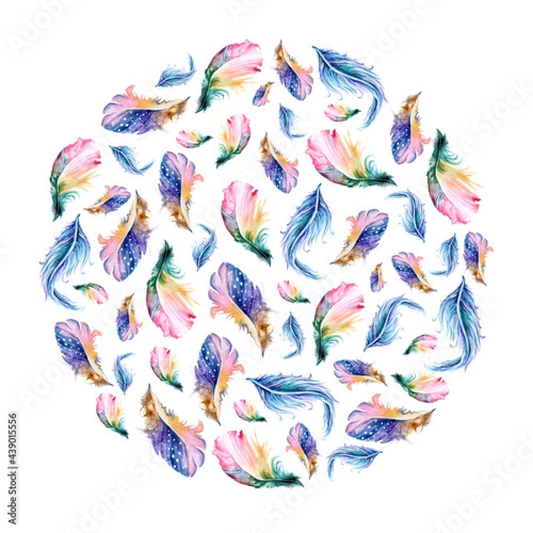 Fototapeta Wreath of feathers painted with watercolors on white background.
Wedding decorative wreath of colored feathers. Colorful art prints. Boho style design for Digital Paper, invitation, textile, Clothes