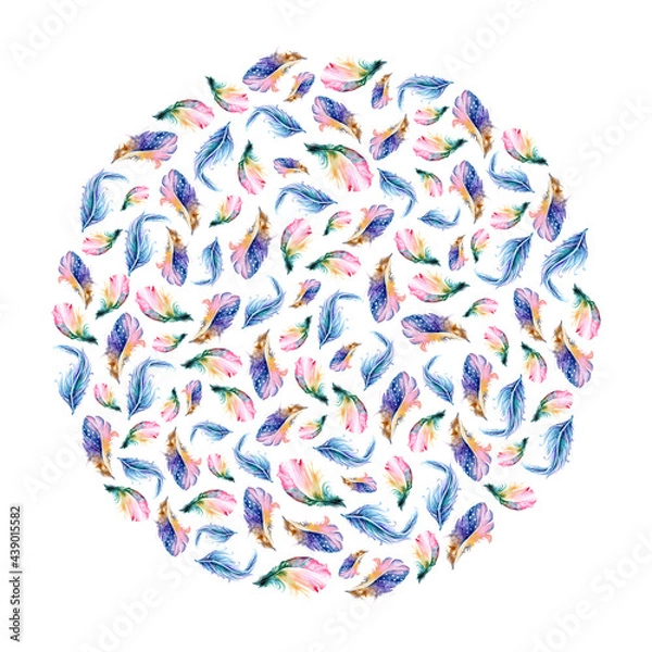 Fototapeta Wreath of feathers painted with watercolors on white background.
Wedding decorative wreath of colored feathers. Colorful art prints. Boho style design for Digital Paper, invitation, textile, Clothes