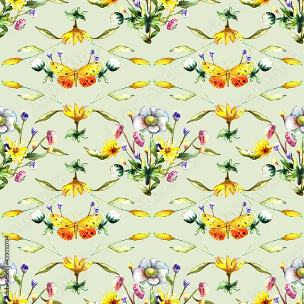 Obraz Watercolor painting. Bouquet of flowers and 
 butterfly on a light green background. Seamless floral pattern. 