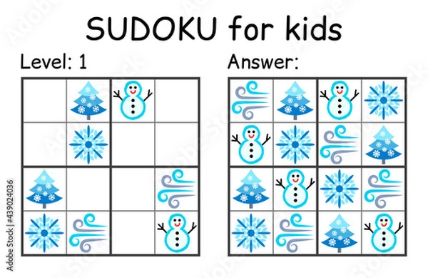 Fototapeta Sudoku. Kids and adult mathematical mosaic. Kids game. Winter theme. Magic square. Logic puzzle game. Digital rebus