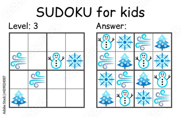Fototapeta Sudoku. Kids and adult mathematical mosaic. Kids game. Winter theme. Magic square. Logic puzzle game. Digital rebus