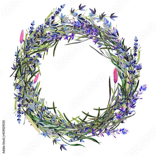 Fototapeta Handdrawn watercolor wreath with lavender and wild herbs. Beautiful illustration isolated on white background