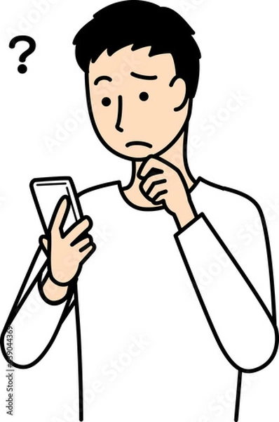 Obraz スマートフォンの画面を見て悩んでいる男性のイラスト