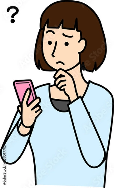 Obraz スマートフォンの画面を見て考え込んでいる女性のイラスト
