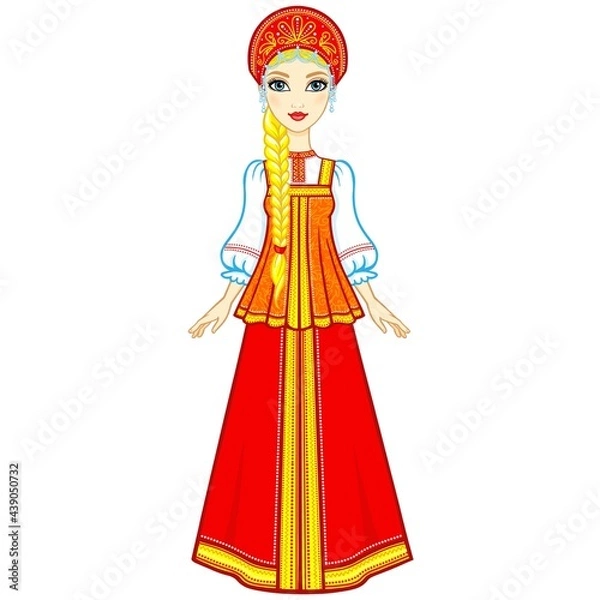 Fototapeta Animation portrait of the Russian girl in ancient clothes.  Vector illustration isolated on a white background.
