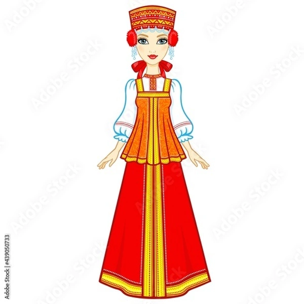 Fototapeta Animation portrait of the Russian girl in ancient clothes.  Vector illustration isolated on a white background.