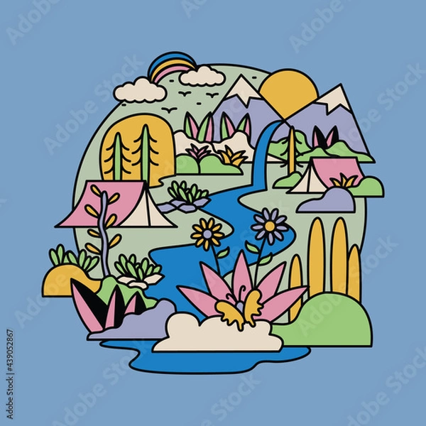 Fototapeta Camping nature adventure wild river mountain colorful graphic illustration vector art t-shirt design
