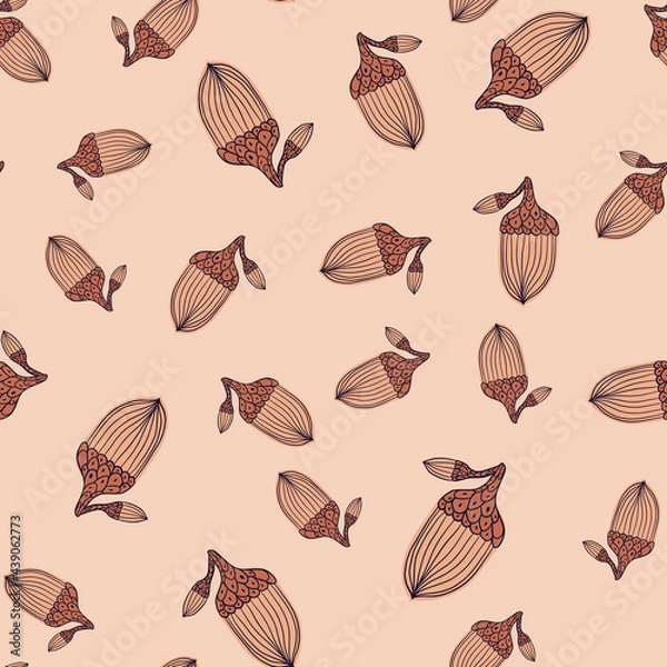 Fototapeta Decorative seamless pattern with random acorn elements print. Pink background. Natural ornament shapes.