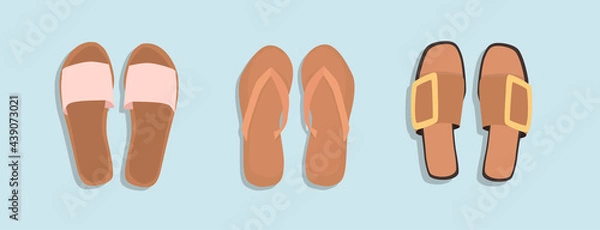 Fototapeta Women's summer shoes collection. Top view.  Female flip flops, shoes, sneakers. Hand draw vector illustration
