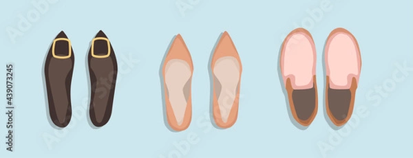 Fototapeta Women's summer shoes collection. Top view.  Female flip flops, shoes, sneakers. Hand draw vector illustration