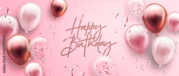 Obraz Vector birthday elegant greeting card or banner with golden, pink and white balloons and falling confetti. Vector illustration