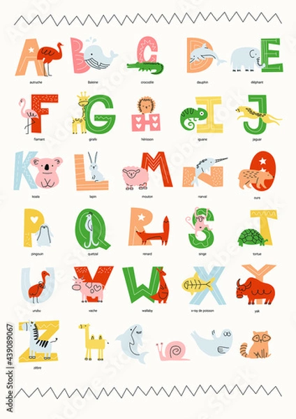 Fototapeta Vector children's poster with the French alphabet and animals, with captions to them. Flat modern illustration in muted colors with simple light drawings