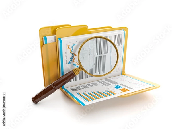 Obraz 3d illustration: Finding a document file. Folder and a magnifyin