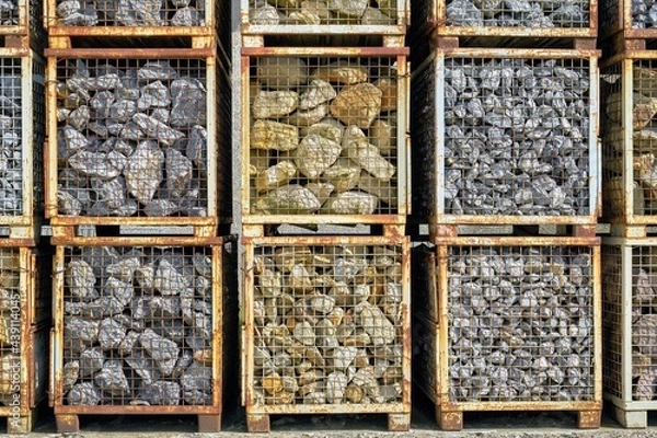 Fototapeta Industrial Stone Storage: Sorted Rock Materials in Metal Grid Containers