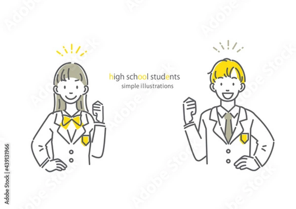 Fototapeta ガッツポーズをする高校生のシンプルでお洒落な線画イラスト　男女セット