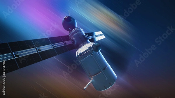 Fototapeta global satellite system. Communication satellite on futuristic space background