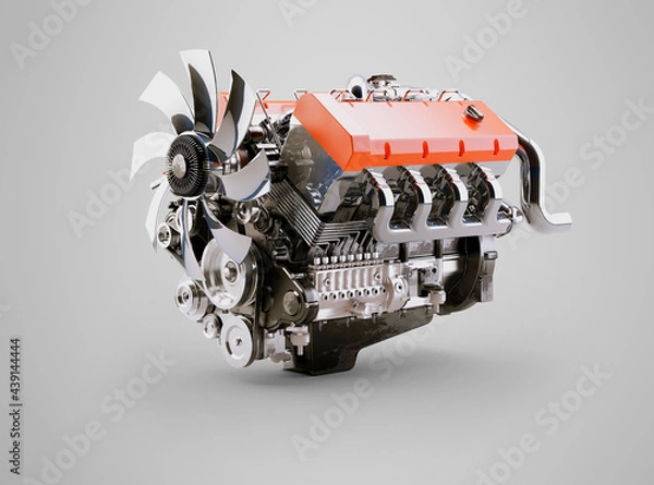 Fototapeta 3d rendering internal combustion engine on gray background with shadow