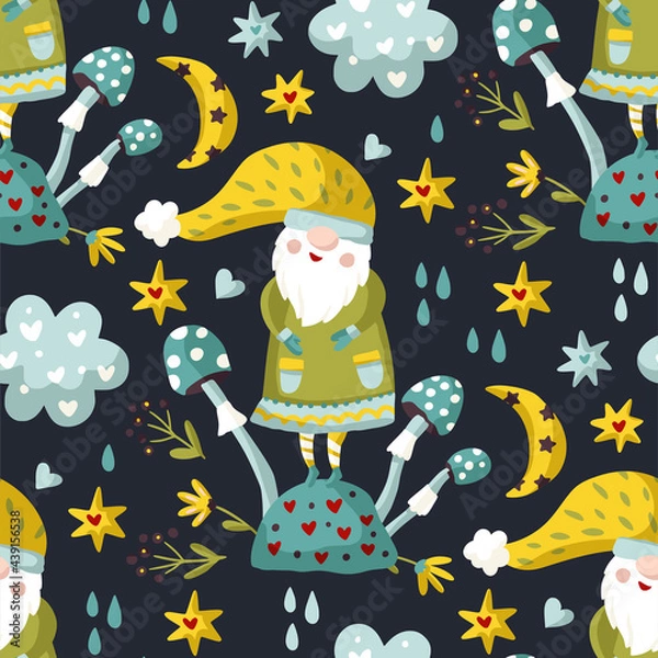 Fototapeta Cute cartoon gnome seamless pattern with mushroom, Scandinavian Nordic holiday background wallpaper. Funny print character, happy Christmas illustration.