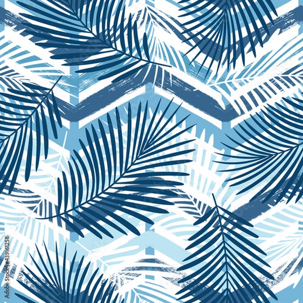 Fototapeta Tropical pattern, palm leaves seamless vector floral background. Exotic plant on blue chevron stripes print. Summer nature watercolor zigzag lines jungle print