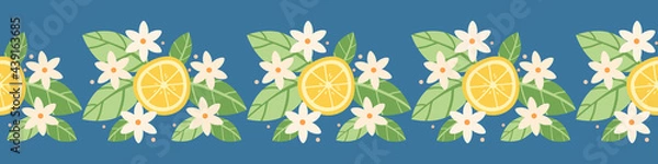 Fototapeta seamless border of citrus slices, blossoming lemon flowers. vector illustration.
