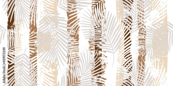 Fototapeta Tropical pattern, palm leaves seamless vector floral background. Exotic plant on brown stripes print. Summer nature jungle print. Leaves of palm tree on paint lines. ink brush strokes