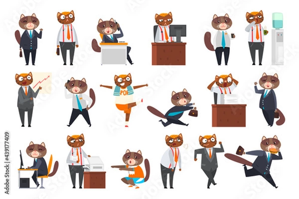 Fototapeta Big Set of Businessman Cat in Different Situations Set, Funny Humanized Animal Character in Business Outfit Cartoon Vector Illustration