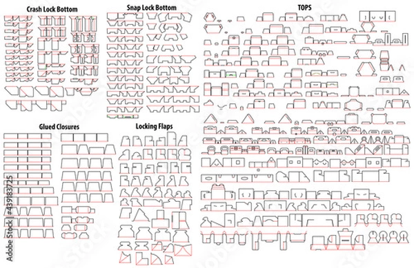 Fototapeta Any kind of elements for create cardboard box, crash lock bottom, snap lock bottom, glued closures, locking flaps,top lids - die cut templates - vector