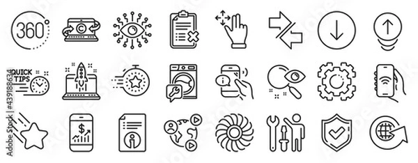 Fototapeta Set of Technology icons, such as Internet app, Timer, Video conference icons. Start business, Swipe up, 360 degrees signs. Fan engine, Reject checklist, Repairman. Move gesture, Search. Vector