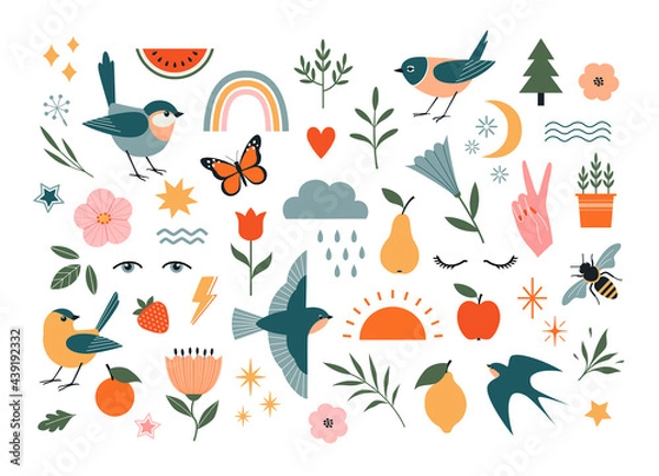 Obraz Set of nature vector design elements isolated on white background. Birds, floral and flower elements, fruit, insects and weather elements.