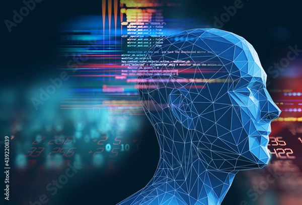 Fototapeta 3d illustration of cyber robot human on technology background.
