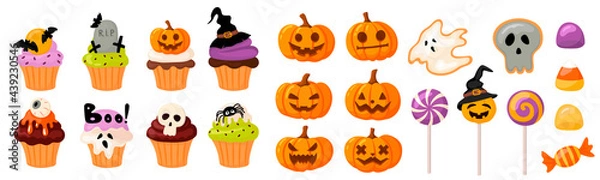 Fototapeta mega set of sweets and Halloween pumpkins. cupcakes and muffins, pumpkins with cut faces, candy on a stick, caramel, gingerbread in cartoon style.